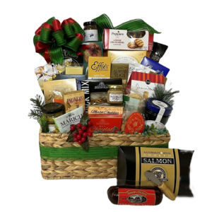 Seasonal Extravaganza gift hamper with cheese bars, cheese spread, oatcakes, tea sachets, chocolate bar, toffees, caramels & more