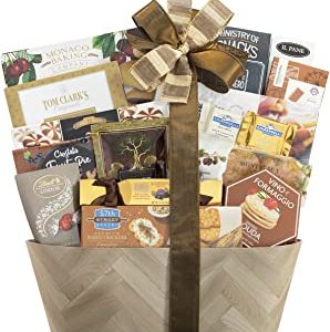 Sympathy Basket gift hamper with baked crackers, cheese spread, truffle, popcorn, olives, caramels, biscuits & more