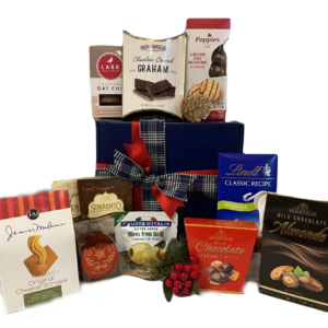 Traditions gift hamper with oat cookies, chocolate bar, caramels, chocolate covered almond & more